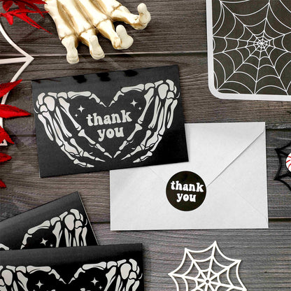 JarThenaAMCS 24Pcs Halloween Thank You Cards with Envelopes and Stickers Skeleton Hands Greeting Cards White Black Blank Note Cards for Halloween Party Supplies