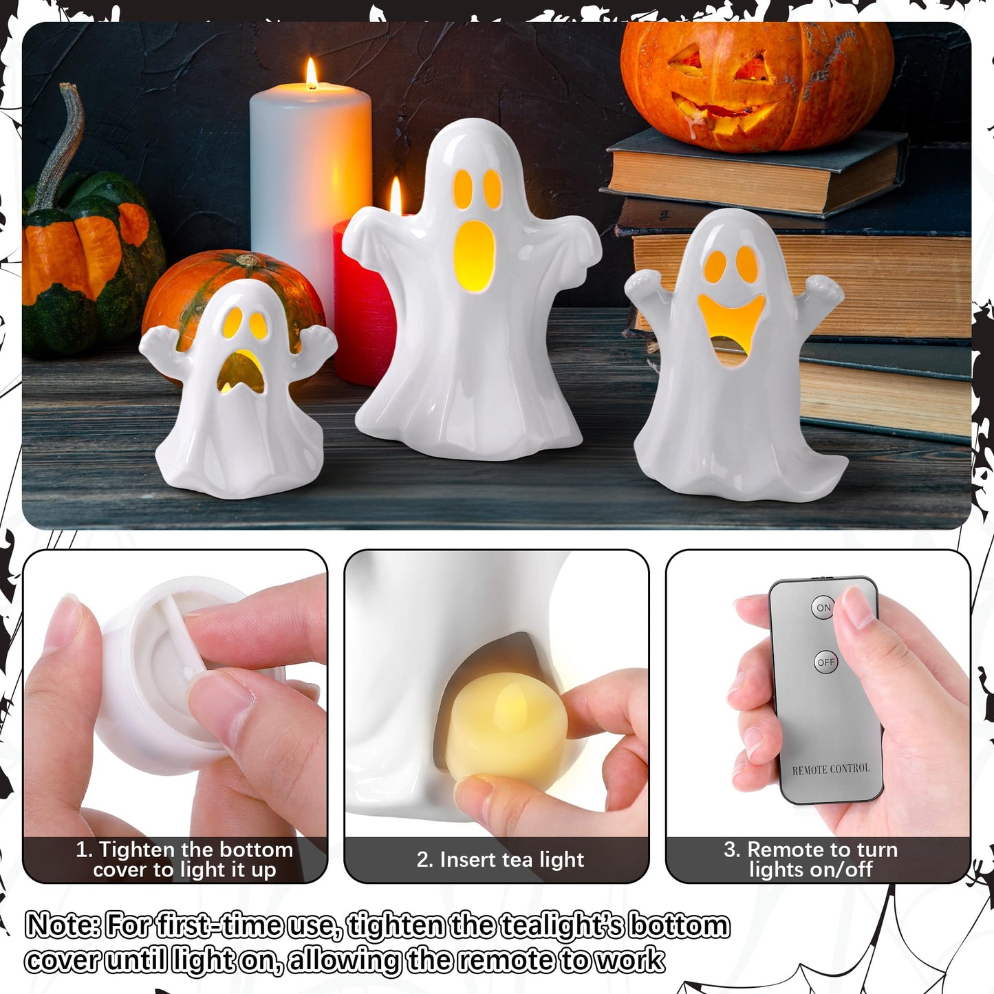Aneco Ceramic Ghost Light Up Decor Halloween Ghost Decor 3 Ceramic Ghosts Figurines with Remote Control, 3 Tea Lights Spooky Ghosts Sculpture for Halloween Home Table Decorations