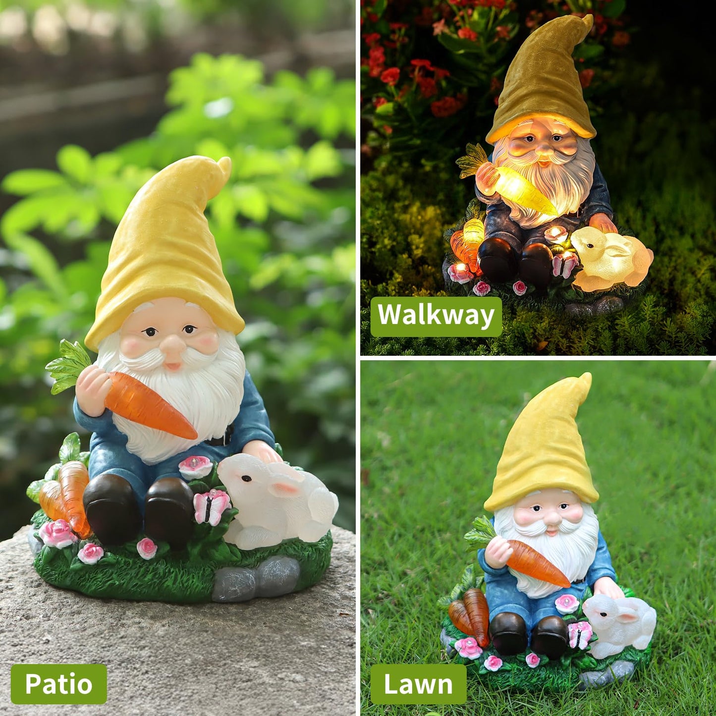 NATASE Solar Garden Outdoor Statues Gnome Feeding Rabbit with 6 LED Lawn Decor Outside Decorations for Patio, Balcony, Yard Ornament Unique Garden Gift