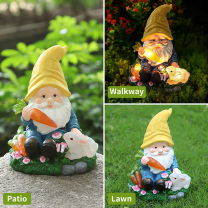 NATASE Solar Garden Outdoor Statues Gnome Feeding Rabbit with 6 LED Lawn Decor Outside Decorations for Patio, Balcony, Yard Ornament Unique Garden Gift