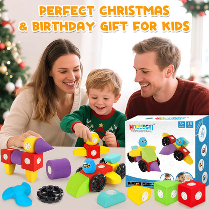 Hodurgyi 15 PCS Magnetic Foam Blocks, STEM Preschool Toys for Children, Magnetic Building Blocks for Toddlers, Kids Bath Toys and Montessori Sensory Toys, Birthday for Boys & Girls Age 3 4 5 6+
