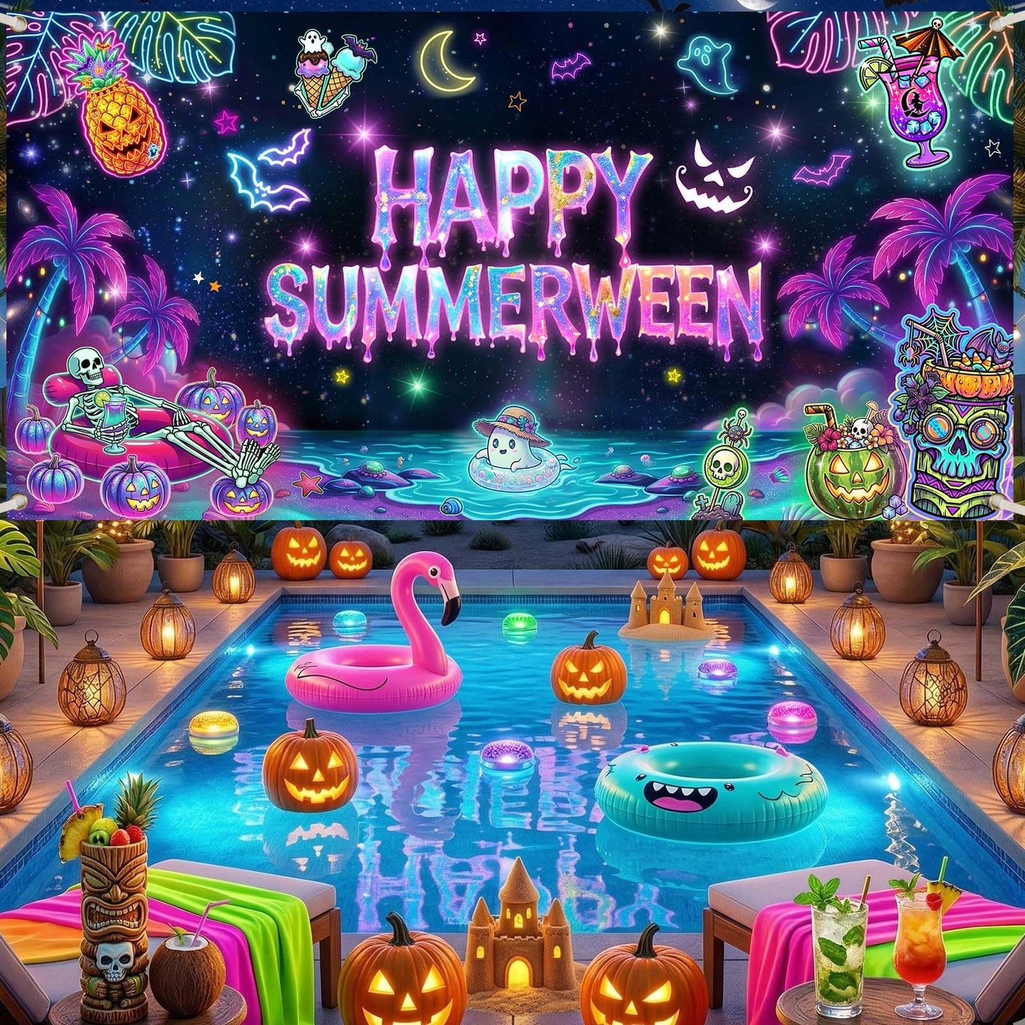 Printspree Summerween Banner Halloween Decorations - 70.8x35.4 Inch Summer Halloween Party Backdrop for Home Pink Pumpkin Tropical Palm Tree Beach Summerween Party Supplies Wall Decor