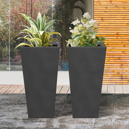 Kante 24.4 Inch Tall Tapered Concrete Planter (Set of 2), Modern Style Large Plant Pot with Drainage Hole and Rubber Plug for Patio, Porch, Black
