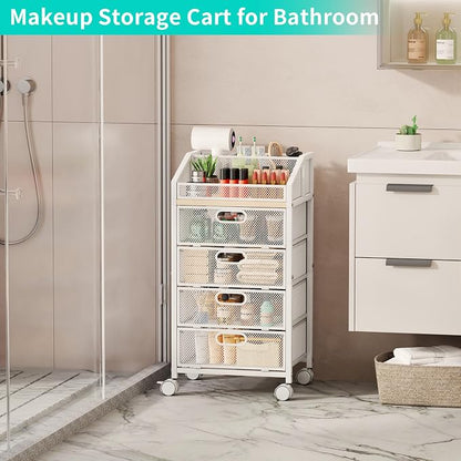 HapiRm Rolling Makeup Cart Organizer - Under Desk Makeup Storage with Wheels, Floor Make up Cart Skincare Organizers Desk Vanity Storage Organizer Cabinet for Cosmetics Makeup Brush Hair Tool, White