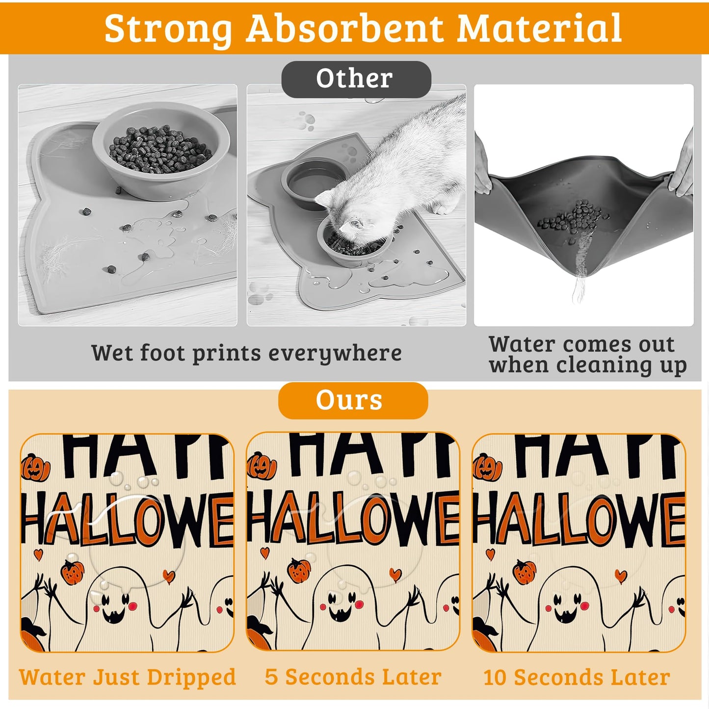 Pumpking Bat Dog Cat Food Mat,Halloween Absorbent Waterproof Placemat for Food and Water Non Slip Rubber Backing Durable Feeding Pad for Clean Floors 12" x 20"