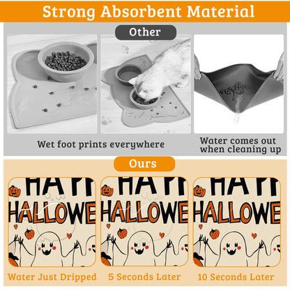 Pumpking Bat Dog Cat Food Mat,Halloween Absorbent Waterproof Placemat for Food and Water Non Slip Rubber Backing Durable Feeding Pad for Clean Floors 12" x 20"
