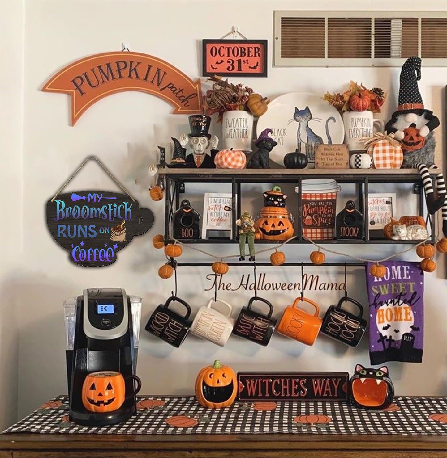 Halloween Witches Coffee Wood Sign My Broomstick Runs on Coffee Wood Plaque Rustic Hanging Sign for Home Coffee Bar Coffee Station Coffee Bar Table Coffee Bar Tiered Tray Wood Signs 4.8x6.78 Inch