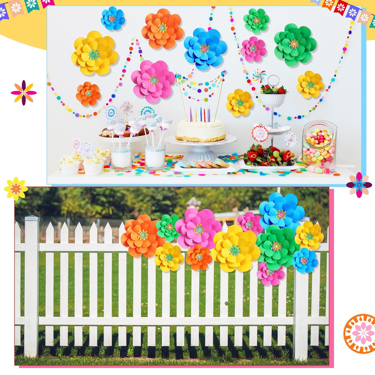 Mooliwe Paper Flowers Decorations for Wall DIY 3D Paper Bulletin Board Mexican Flowers Backdrop Decoration for Classroom Back to School Holiday Party(Bright,10 Set)