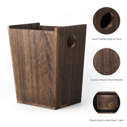 Wood Trash Can Wastebasket Small Rectangular Farmhouse Rustic Garbage Bin with Handles for Bedroom, Bathroom, Kitchen, Office, Brown