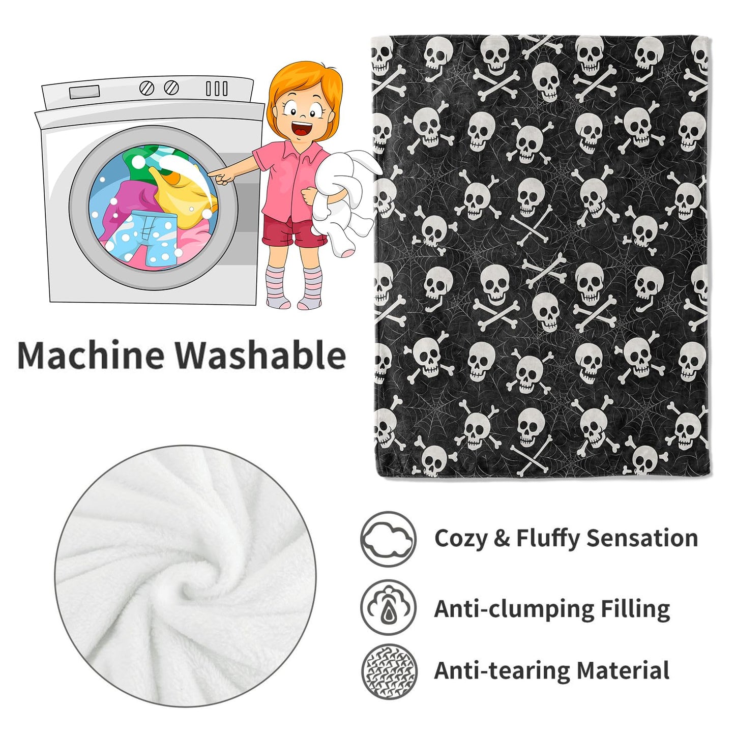 VODRM Skull and Crossbones Blanket Halloween Holiday Decor Gothic Spooky Skeleton Black Throw Gifts Lightweight Soft Fleece Spider Web Blankets for Creepy Fall Vibe Horror Goth Decoration 50x60in