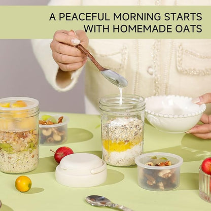 Overnight Oats Containers with Handles & Lids – 16oz Glass Mason Jars with Spoons & Fruit Compartments, Meal Prep Breakfast Jars, 2 Sets (Cream, Pink)