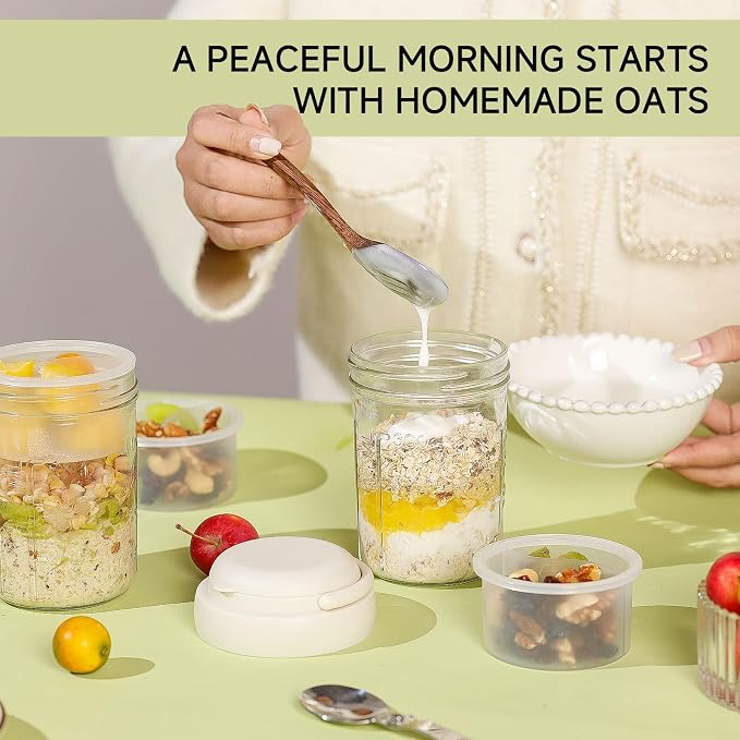 Overnight Oats Containers with Handles & Lids – 16oz Glass Mason Jars with Spoons & Fruit Compartments, Chia Pudding Jars with Lids, 2 Sets (Cream, Blue)