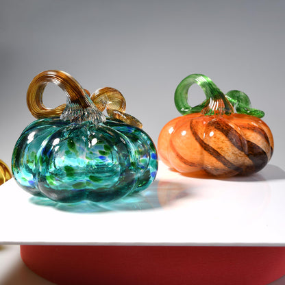 QIANCHANG 3" Hand Blown Glass Pumpkin Figurine, Large Brown Halloween Crystal Pumpkin Paperweight, Thanksgiving Pumpkins Fall Decorations for Home Table Centerpiece