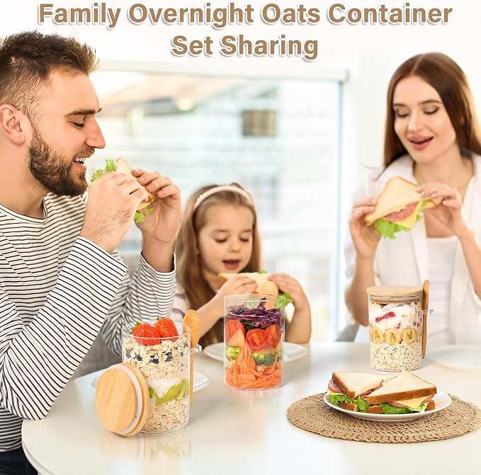 Overnight Oats Containers with Lids,4 Pack 18oz Overnight Oats Jars with Spoons,Salad Meal Prep Jar with Bamboo Lids for Chia Seed Pudding Salad Cereal Coffee Flour,Sourdough Starter Jar for Bread