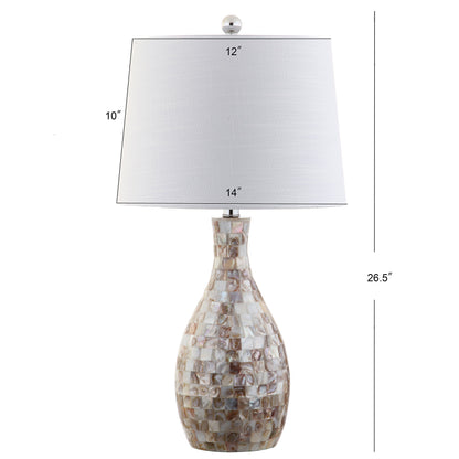 JONATHAN Y 26.5" Ivory Beige Mosaic Seashell LED Table Lamp for Living Room Bedroom Nightstand, Coastal Capiz Shell Base with White Linen Drum Shade, LED Bulb Included JYL1054A