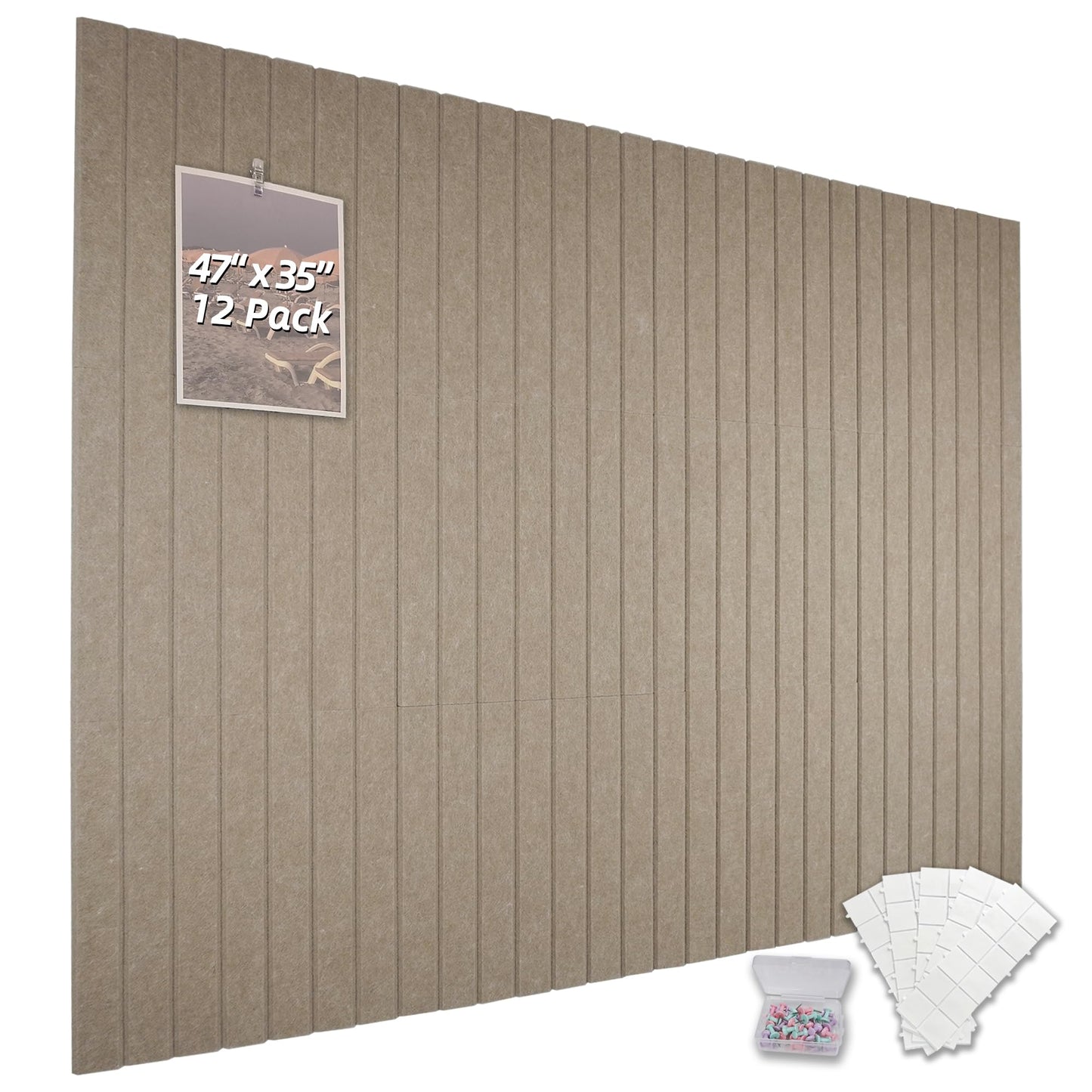 TENACR Cork Board Alternative-Felt Slat Wall Paneling,Office Bulletin Board for Decoration, Suitable for Displaying Photos and Documents, with Removable Adhesive Labels,12-Pack (Light Brown)