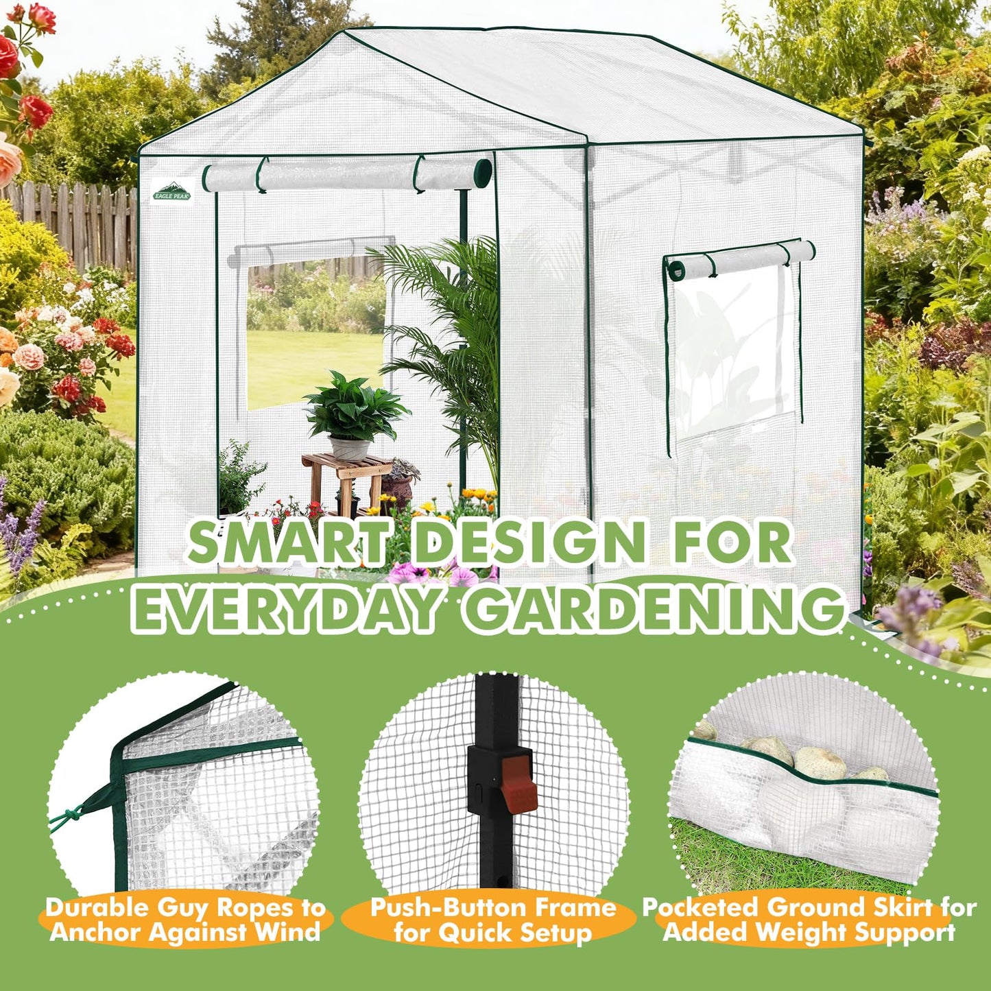 EAGLE PEAK 6x6 Portable Pop Up Greenhouse, Patented Center Lock Easy One Person Setup, Walk-in Outdoor Greenhouse with Gable Roof, Weight Bags, Zippered Doors & Windows, White