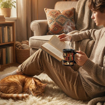 Palasarkaaa Cat Bookshelf Coffee Mug Gifts for Book Lovers, Book Lover Bookish Gifts for Bookworm Women Readers Librarian Writer, Cat Lovers Black Mugs 11oz