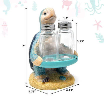 Sea Turtle Salt and Pepper Shakers Set with Holder, Coastal Beach Kitchen Table Decor, Ocean Themed Resin Figurine Set