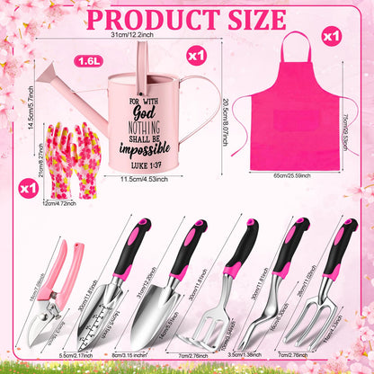 Blueweenly 9 Pcs Watering Can Garden Tools Kit with Bible Verse Christian Gardening Gifts for Women with Heavy Duty Garden Hand Tools 1.6L Galvanized Metal Can Apron Gloves for Mom Grandma(Pink)