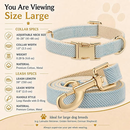 Herringbone Tweed Dog Collar and Leash Set for Large Dogs, Light Blue | Snag-free, no-rub design. Soft breathable cotton, gentle on fur. Adjustable durable matching combo for walks & outdoors.