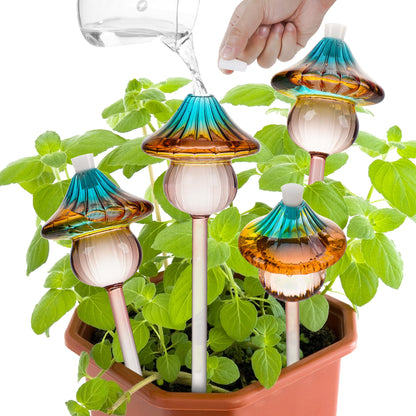 Plant Watering Globes Mushroom, Rainbow Gradient Color Glass Watering Bulbs, Self Watering Planter Insert, Self Watering Globes - Plant Watering Devices for Travel Vacation (4 PCS)