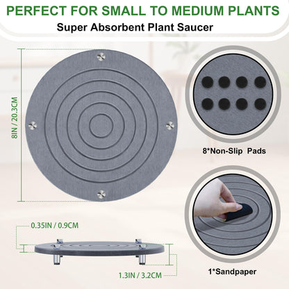 SeekElegant 2Pcs 8 Inch Plant Saucers for Indoors, Instant Dry Diatomaceous Earth Plant Saucer, Plant Trays for Pots with Stainless Steel Feet, Plant Water Catcher Tray, Gray