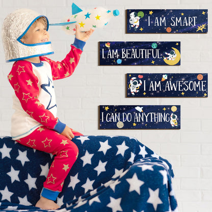 Yookeer 4 Pcs Space Room Decor for Kids Boys Outer Space Wall Art Bedroom Decor for Nursery Classroom Astronaut Galaxy Posters Spaceman Wood Sign Be Brave and Be Kind for Baby Boy(I)