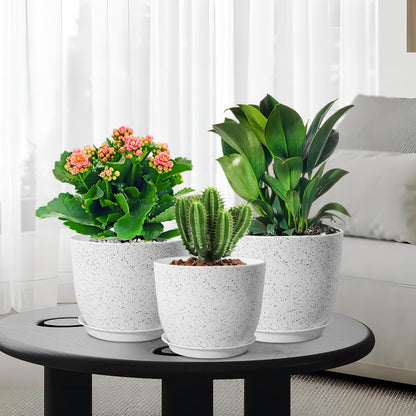 WSMKSZ Large Flower Pots 12/10/9 inch, Set of 3 Modern Decorative Plastic Planters with Drainage Holes and Saucers for Garden House Plants, Plant Pots for Indoor Outdoor Plants, Speckled White