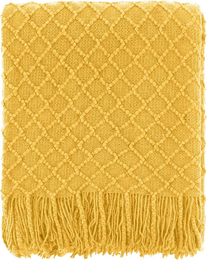 CREVENT Farmhouse Boho Knitted Throw Blanket for Couch Sofa Chair Bed Home Decoration, Soft Warm Cozy Light Weight for Spring Summer Fall (60''X80'' Mustard)