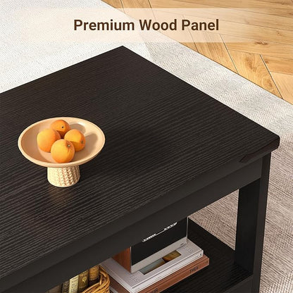 Homieasy 43.3” Rectangular Coffee Table with Storage Shelf, Farmhouse Wood Center Table for Living Room, Modern Black Tea Table with Open Shelf, Black