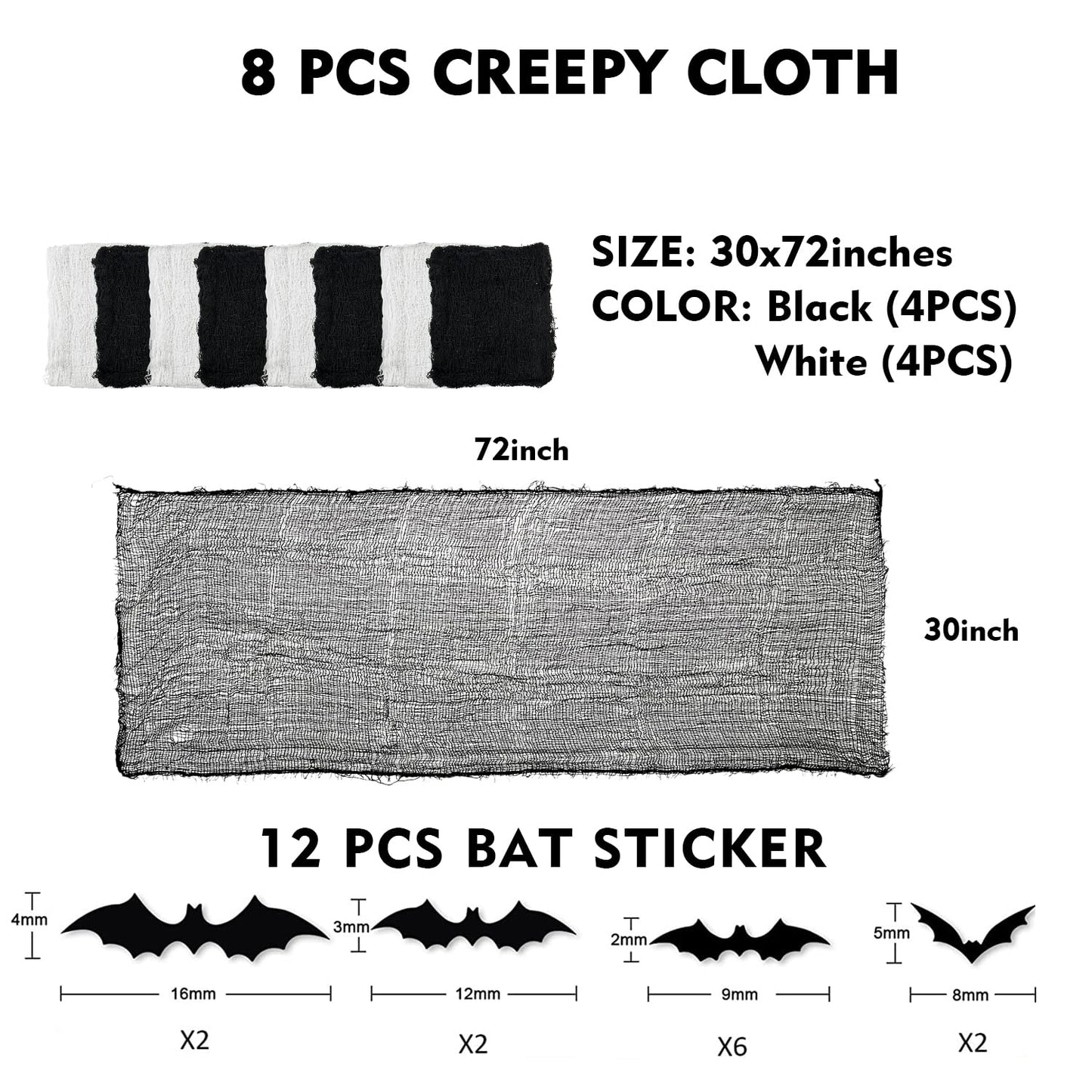 SHIYOUO 8 Pack Halloween Creepy Cloth, 30×72inch Spooky Fabric Clothes, Halloween Gauze Decoration for Haunted Houses, Party Supplies Indoor Outdoor- Black*4+White*4