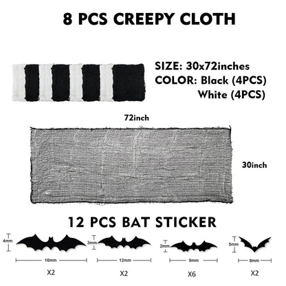 SHIYOUO 8 Pack Halloween Creepy Cloth, 30×72inch Spooky Fabric Clothes, Halloween Gauze Decoration for Haunted Houses, Party Supplies Indoor Outdoor- Black*4+White*4