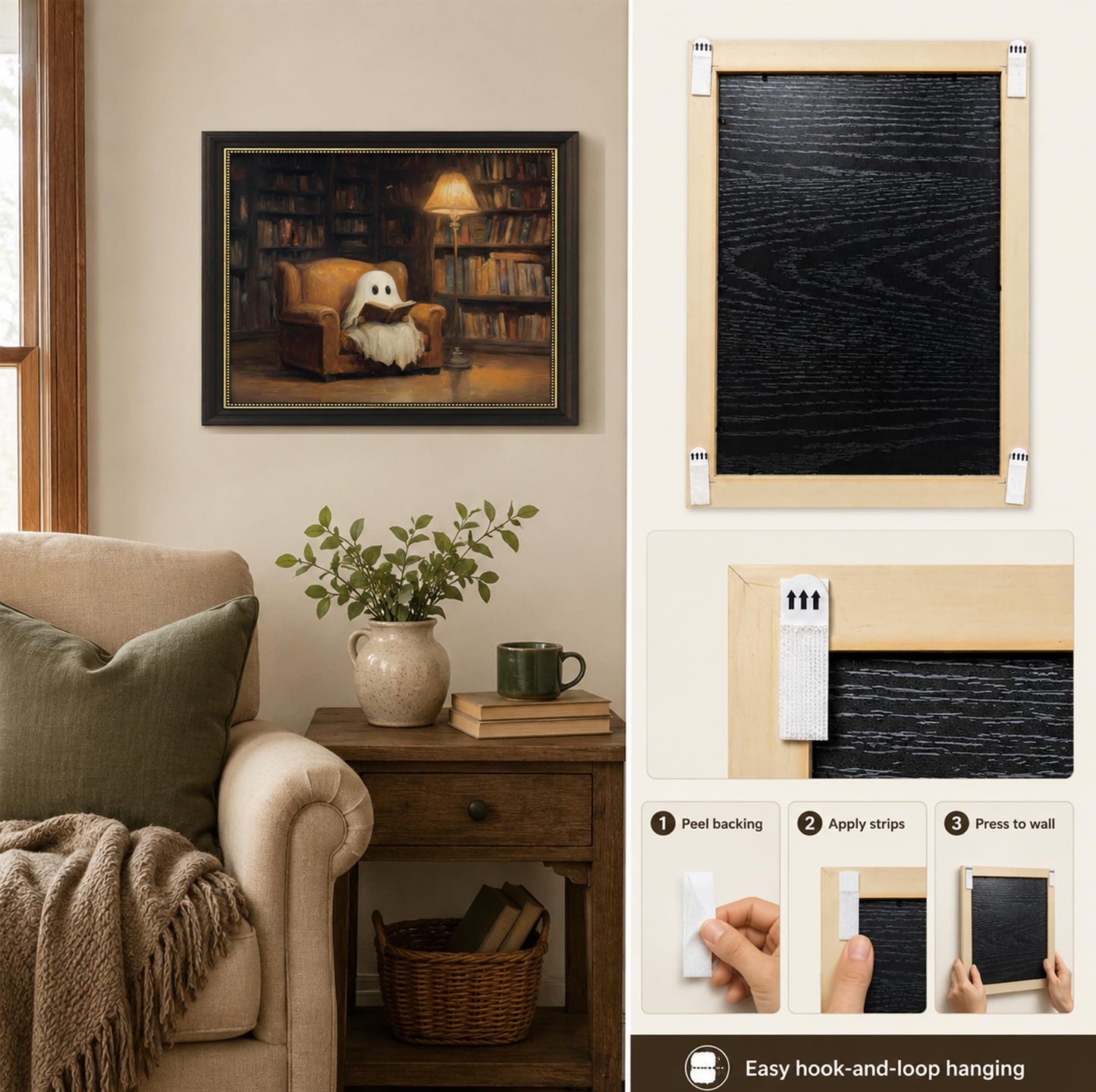 Vbaourut Framed Halloween Ghost Wall Art, Moody Reading Ghost Canvas Painting, Dark Academia Library Poster with Dark Brown Frame and Upgraded Hook and Loop for Study, 9x11 in