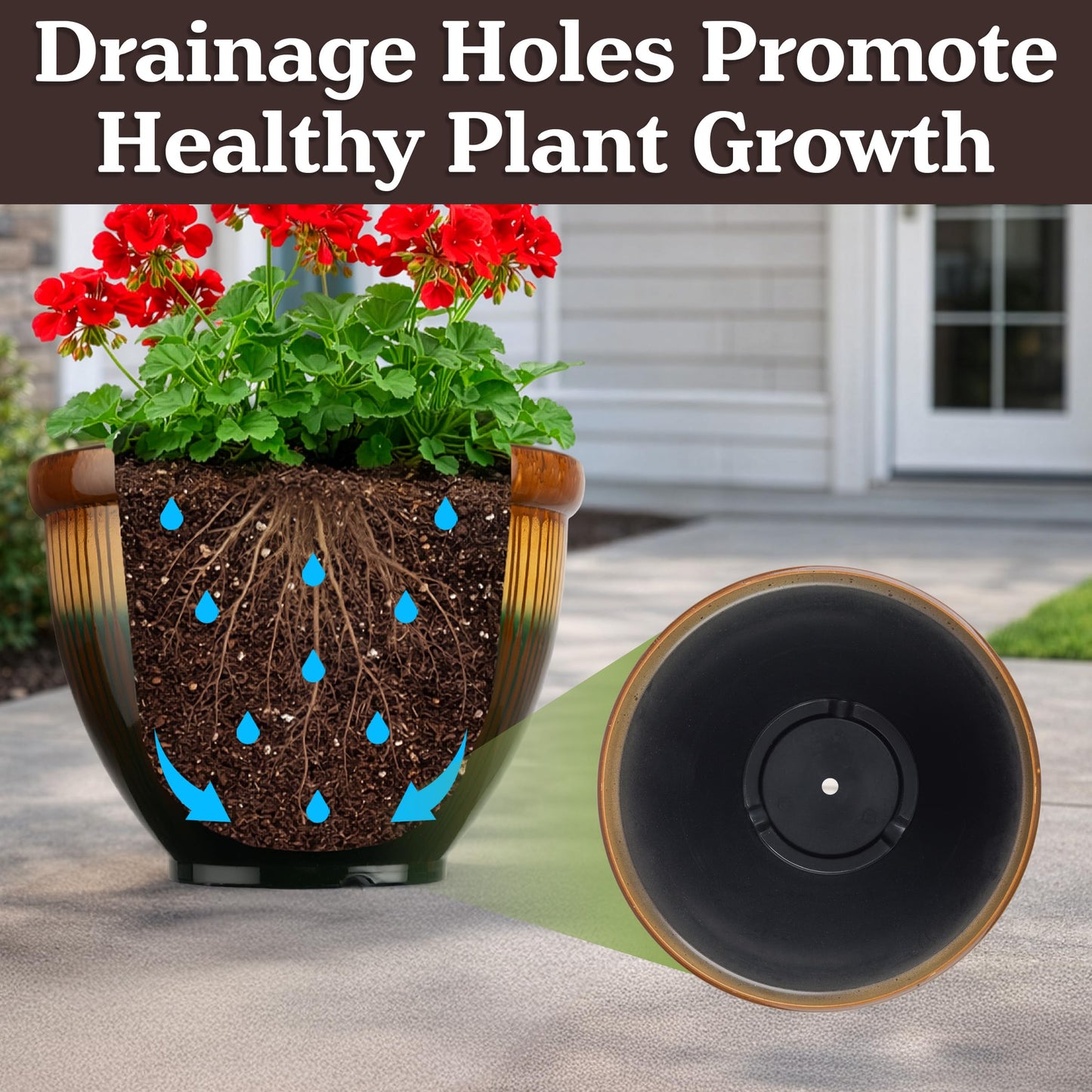 Plastic Plant Pot with Glazed Pottery Finish and Drainage - 13.7” Large Planters for Indoor Plants or Outdoor Garden - UV Resistant Decorative Flower Pot Faux Ceramic Planter by Pure Garden (Bronze)