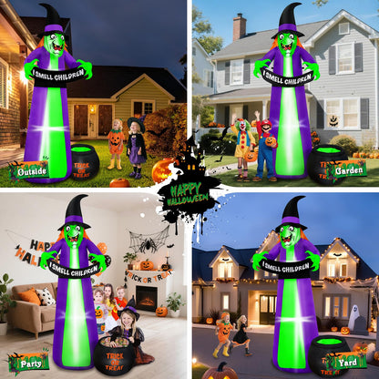 BRDJade 8Ft Halloween Inflatables Witch Outdoor Decorations with Candy Cauldron, Scary Blow Up Witch Holds I Smell Children Banner, Inflatable Halloween Build-in LEDs for Party Yard Lawn Garden Decor