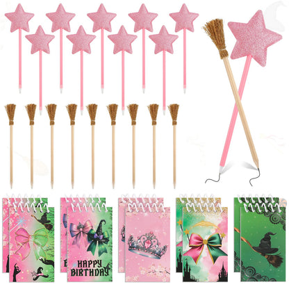 libfrnt 40 Pcs Princess and Witch Party Favors Include 10 Witch Broom Pencils 10 Pink Star Ballpoints 20 Mini Notebooks for Wizard Birthday Witch Halloween Party Supplies