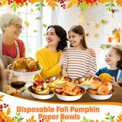 Sliner 50 Pcs 12 oz Fall Thanksgiving Paper Bowls Orange Pumpkin Pattern Hot Soup Bowls Fall Disposable Serving Salad Snack Plates Cups for Dessert Milk Cereal for Autumn Thanksgiving Holiday Party