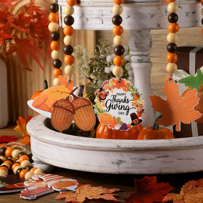 Bucherry 10 Pcs Thanksgiving Wooden Bead Ornaments Fall Wood Bead Hanging Decorations Pumpkin Maple Leaf Turkey Gnome Beaded Garland Decor for Autumn Harvest Party Farmhouse Tiered Tray Ornaments