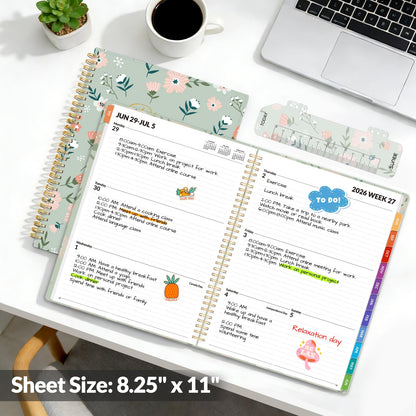 SUNEE Academic Planner 2026-2027 – Weekly & Monthly Planner, July 2026 to June 2027, 8.5"x11", Thick Paper, Tabs, Pockets, Bookmark, Spiral-Bound, Student Teacher Organizer, Green Wildflowers