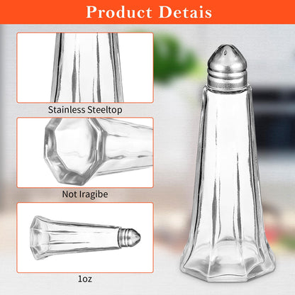 24-Pack Glass Salt and Pepper Shakers Bulk with Stainless Steel Lids Mini Funnel - 1oz Tower Spice Shakers for Kitchen, Restaurant, Home Seasoning Supplies