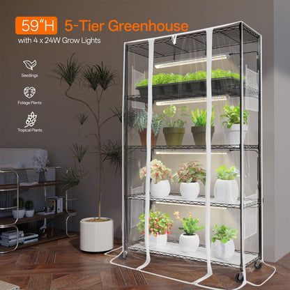 Bstrip Indoor Greenhouse with Grow Light, Mini Green House with 4 Pack 24W Full Spectrum Plant Lights with Timer, Plant Shelf with Tent for Indoor Plant, Seed Starting, Seed Tray, 35.4"x13.8"x59"