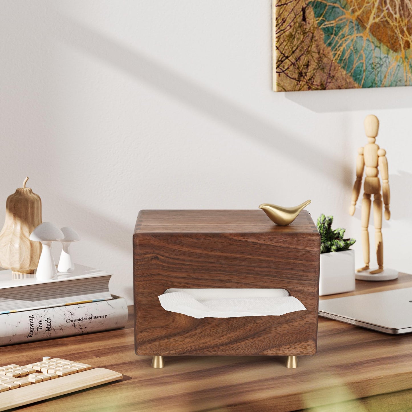 Black Walnut Wood Rectangle Tissue Box with Copper Bird Decor, Tissue Box Cover, Modern Style, Bedroom, Study Room, Office, Unique Gift idea of Elegant Copper Birds for Home Decor