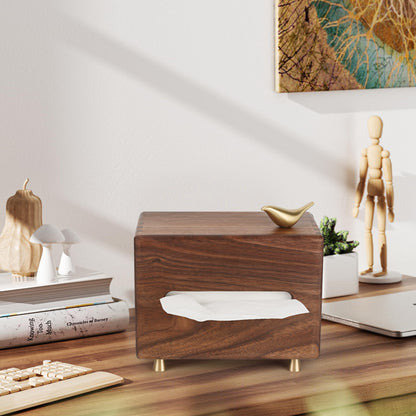 Black Walnut Wood Rectangle Tissue Box with Copper Bird Decor, Tissue Box Cover, Modern Style, Bedroom, Study Room, Office, Unique Gift idea of Elegant Copper Birds for Home Decor