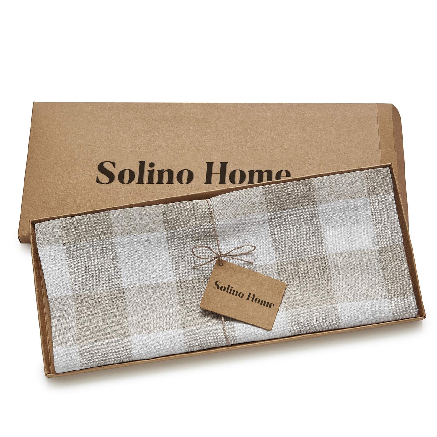Solino Home Linen Checkered Table Runner 36 Inches - 100% Pure Linen Natural and White Buffalo Check Short Table Runner 14 x 36 Inch Ideal for Dresser and Coffee Tables - Summer