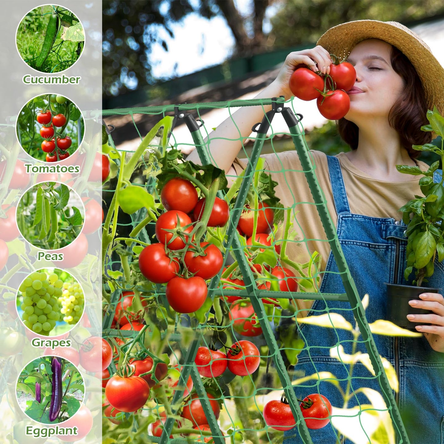 Cucumber Trellis for Raised Beds, 45 x 53 Inch Adjustable Size A-Frame Garden Trellis for Climbing Plant Outdoors with Climbing Net and Plant Support Clip for Vegetable Grape Tomato Bean Pea