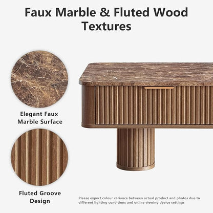 Win2win Fluted Coffee Table with Storage, Mid Century Modern Coffee Table with Faux Marble Top, Minimalist Rectangle Center Table with Sculptural Pedestal Legs & Drawers for Living Room/Office, Walnut