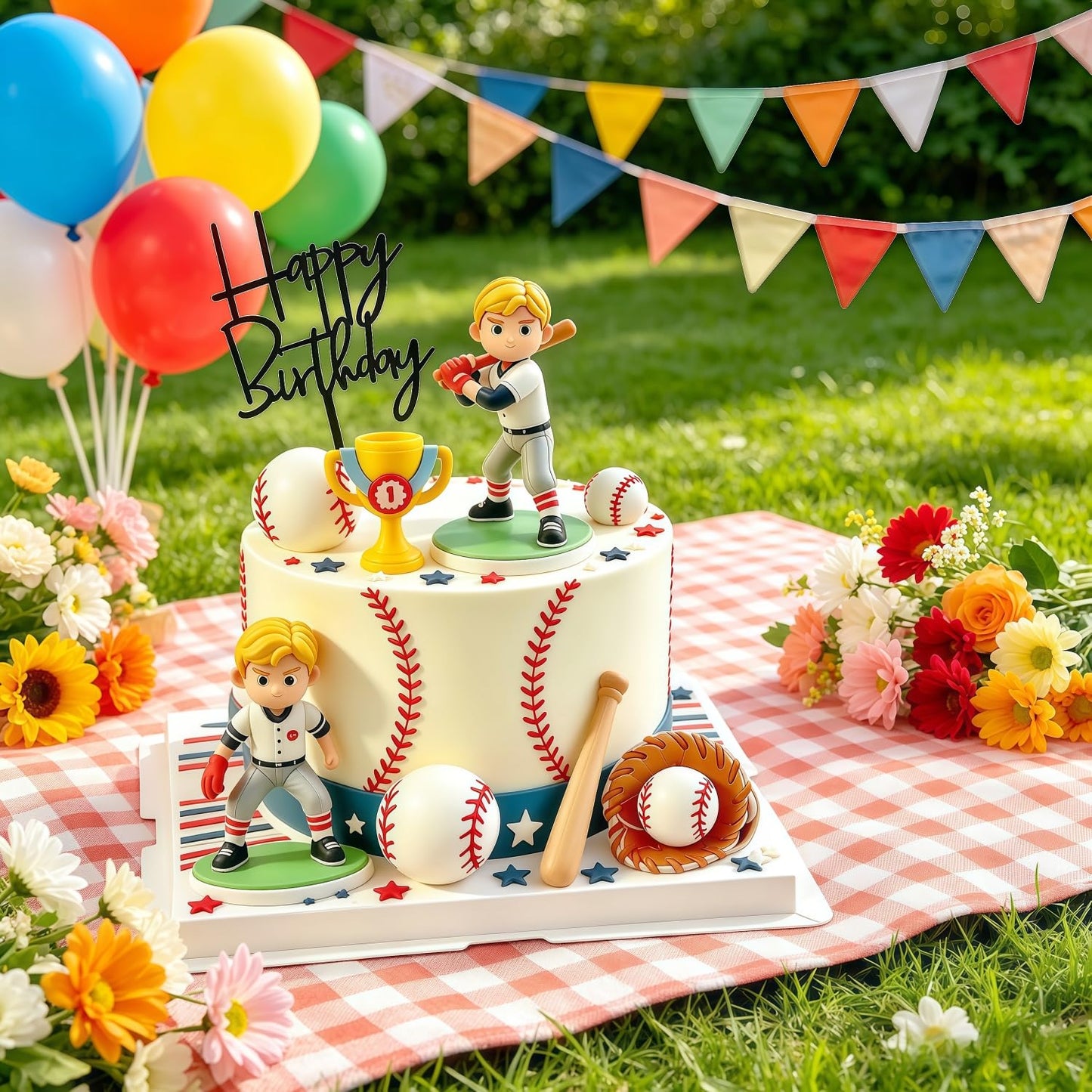 XLENGO 10 PCS Baseball Cake Toppers, Baseball Cake Decorations with Baseballs Player Trophy Gloves for Sport Theme Birthday Supplies
