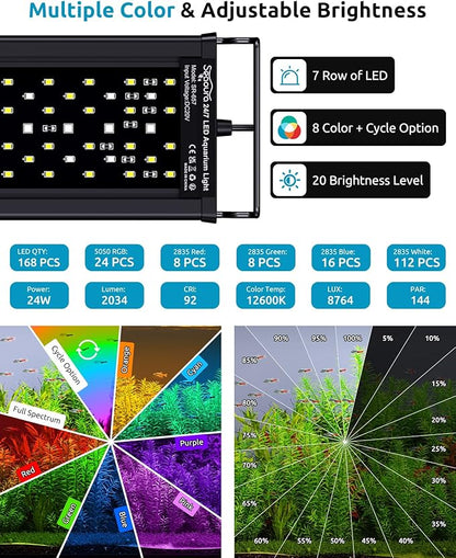 SEAOURA Aquarium Light for Fish Tank, 24/7 Custom Timer, Power-Off Memory, 7-Row LED 24-30in Full Spectrum Fish Tank Lights, 8 Colors, 20 Brightness, Day&Night Cycle, Adjustable Mount for Freshwater