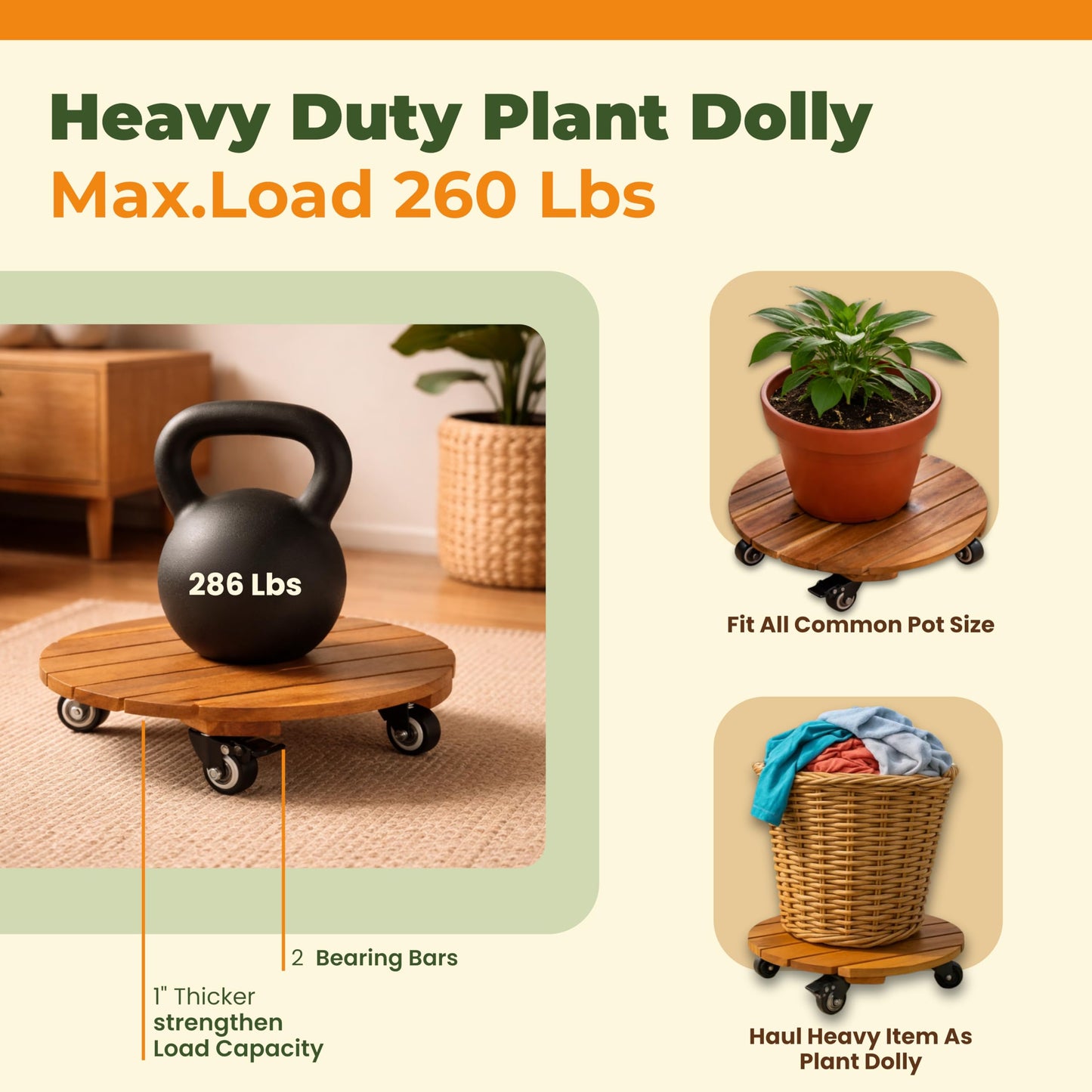 Jurax 14 Inch Wood Plant Caddy with Wheels – Heavy Duty Plant Dolly Holds Up to 286 lbs, 360° Lockable Casters, Rolling Plant Stand Indoor Outdoor for Large Pots – 2 Packs, Round-Golden Teak